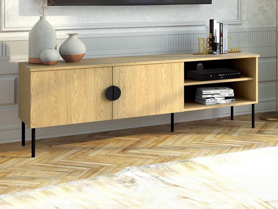 Vente-unique Tv-meubel met 2 deurtjes en 2 nissen Naturel en zwart NATANIEL L 159.9 cm x H 53.6 cm x D 40 cm