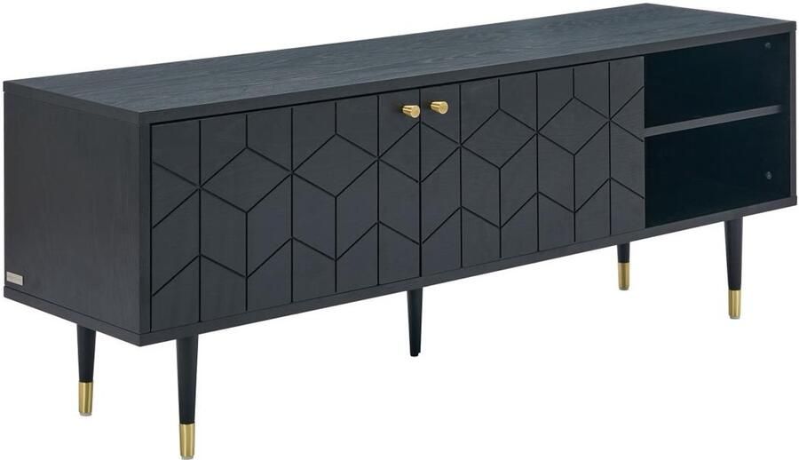 Vente-unique Tv-meubel met 2 deurtjes en 2 vakken in eikenfineer Zwart en goudkleurig PARIOMA L 150 cm x H 55 cm x D 40 cm