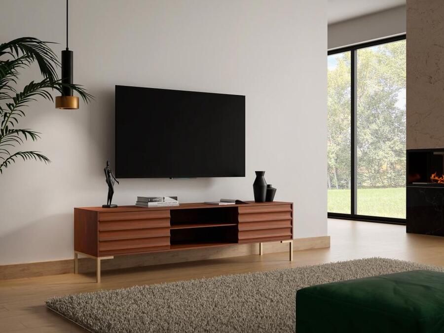 Vente-unique Tv-meubel met 2 deurtjes en 2 vakken in mangohout en goudkleurig metaal Donkere houtlook MAODISA L 160 cm x H 49.5 cm x D 40 cm