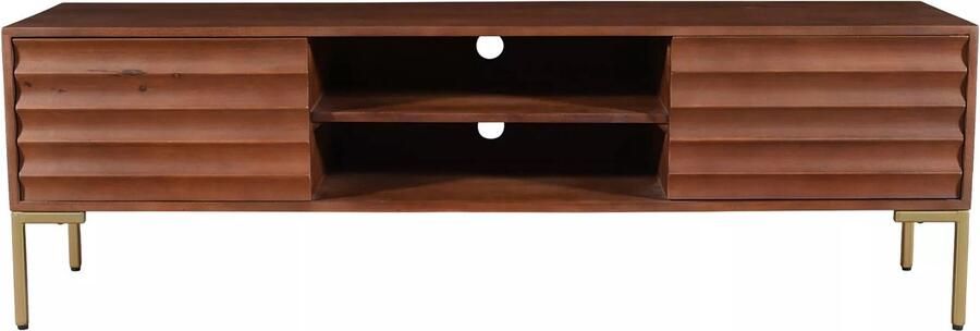 Vente-unique Tv-meubel met 2 deurtjes en 2 vakken in mangohout en goudkleurig metaal Donkere houtlook MAODISA L 160 cm x H 49.5 cm x D 40 cm - Foto 2