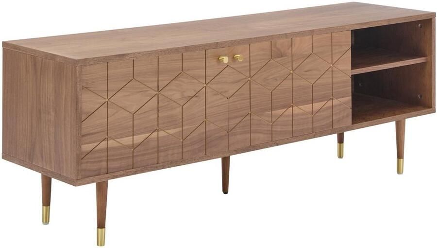 Vente-unique Tv-meubel met 2 deurtjes en 2 vakken in notelaarfineer Houtlook en goudkleurig PARIOMA L 150 cm x H 55 cm x D 40 cm