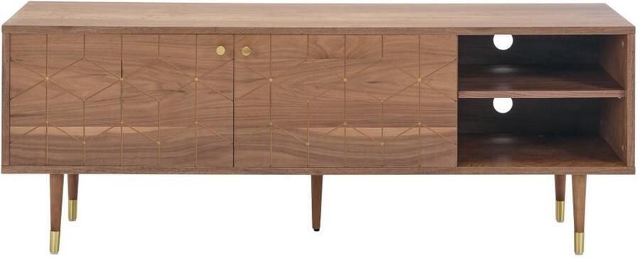 Vente-unique Tv-meubel met 2 deurtjes en 2 vakken in notelaarfineer Houtlook en goudkleurig PARIOMA L 150 cm x H 55 cm x D 40 cm - Foto 2