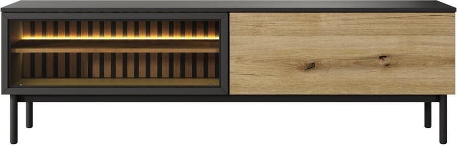 Vente-unique Tv-meubel met 2 deurtjes en ledverlichting Houtlook en zwart LABENIA L 179.9 cm x H 54.8 cm x D 39.4 cm