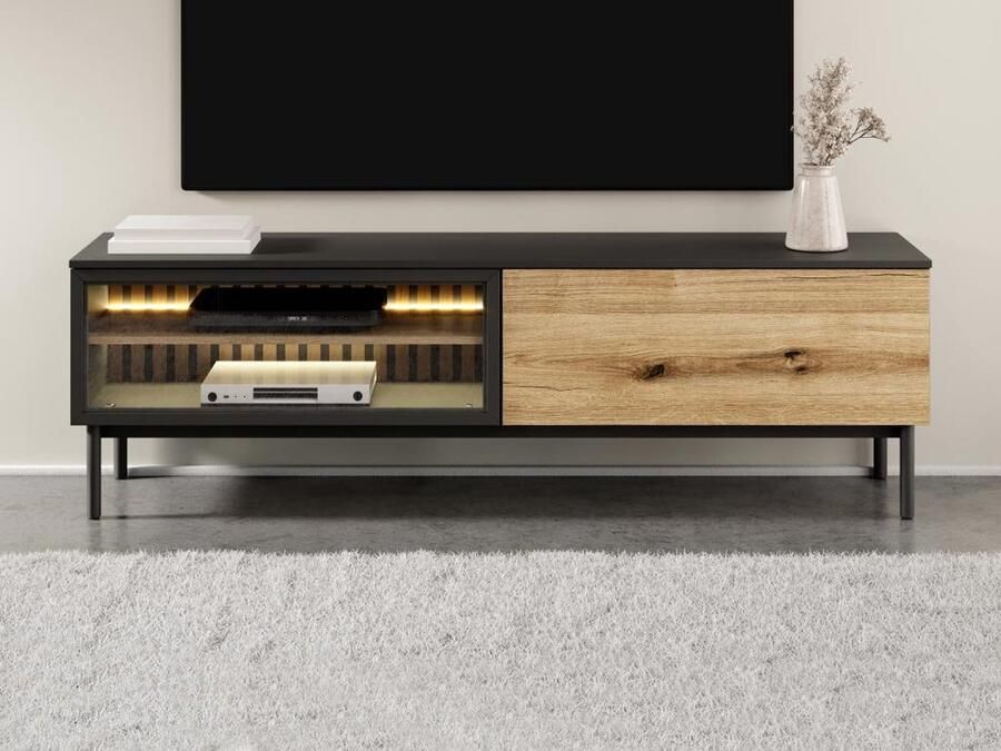 Vente-unique Tv-meubel met 2 deurtjes en ledverlichting Houtlook en zwart LABENIA L 179.9 cm x H 54.8 cm x D 39.4 cm - Foto 2