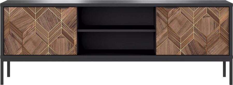 Vente-unique Tv-meubel met 2 lades en 2 nissen Zwart en donker naturel MIALINE L 160 cm x H 56 cm x D 39.6 cm - Foto 2