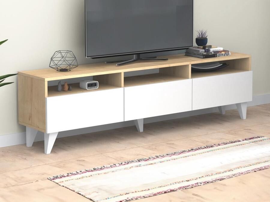 Vente-unique Tv-meubel met 3 deuren en 3 nissen Wit en naturel DEMANIA L 180 cm x H 47 cm x D 35 cm - Foto 2