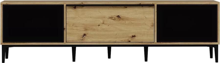Vente-unique Tv-meubel met 3 deuren van zwart gehard glas Naturel MOLINIA L 180 cm x H 50 cm x D 40 cm