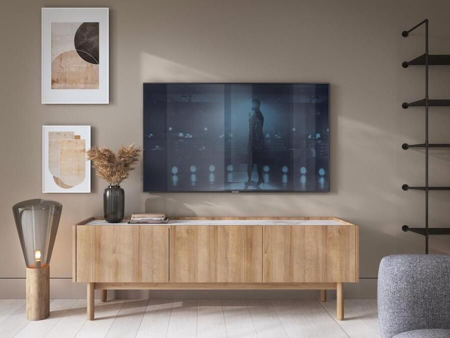 Vente-unique Tv-meubel met 3 deurtjes Licht naturel en wit marmereffect SITOLI L 144 cm x H 48 cm x D 37 cm - Foto 2
