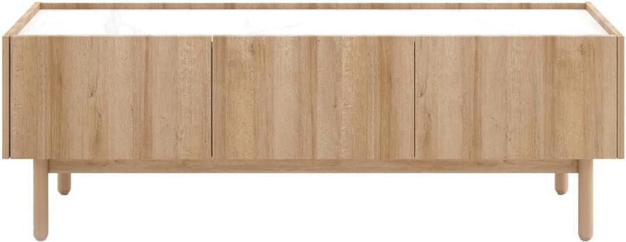 Vente-unique Tv-meubel met 3 deurtjes Licht naturel en wit marmereffect SITOLI L 144 cm x H 48 cm x D 37 cm - Foto 3