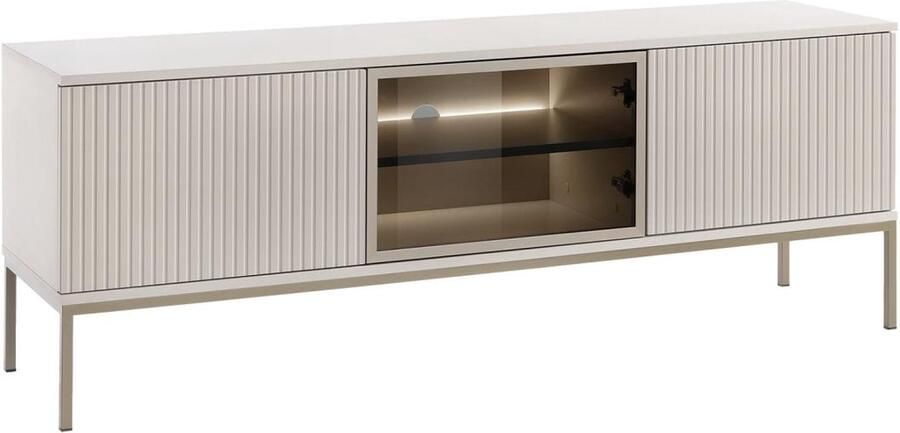 Vente-unique Tv-meubel met 3 deurtjes met ledverlichting van mdf en gerookt glas Beige en zwart OVILA L 153.4 cm x H 56.2 cm x D 39 cm