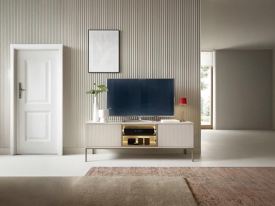Vente-unique Tv-meubel met 3 deurtjes met ledverlichting van mdf en gerookt glas Beige en zwart OVILA L 153.4 cm x H 56.2 cm x D 39 cm - Foto 2