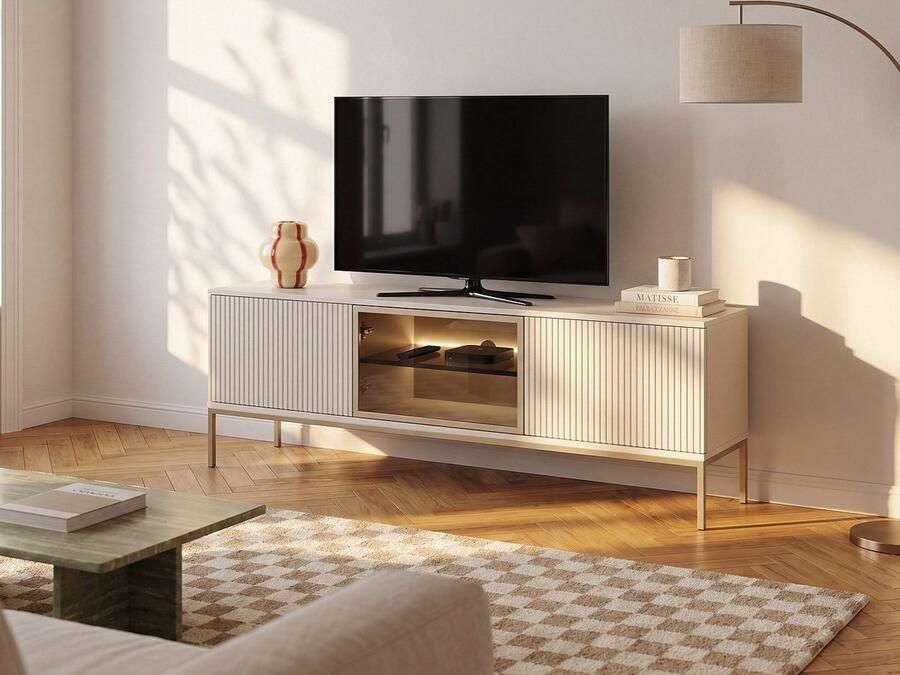 Vente-unique Tv-meubel met 3 deurtjes met ledverlichting van mdf en gerookt glas Beige en zwart OVILA L 153.4 cm x H 56.2 cm x D 39 cm - Foto 3
