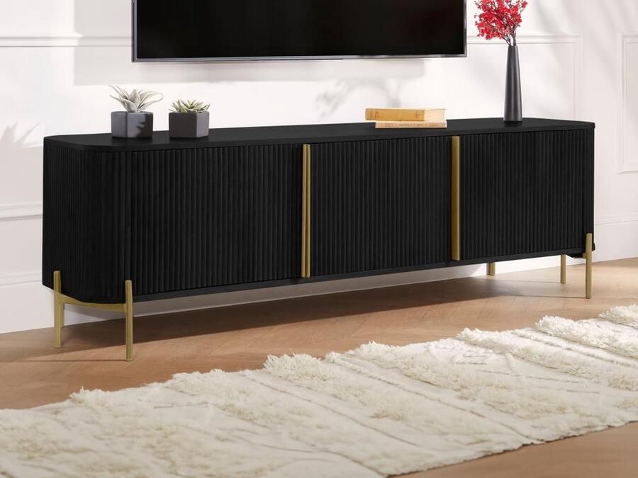 Vente-unique Tv-meubel met 3 deurtjes van mangohout en metaal Zwart en goudkleurig BALIMELA L 159 cm x H 50 cm x D 41.6 cm