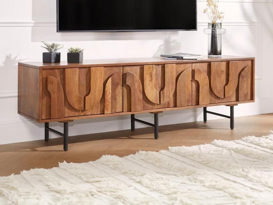 Vente-unique TV-meubel met 3 deuren van mangohout en zwart metaal Naturel MIZORAM L 160 cm x H 50 cm x D 40 cm