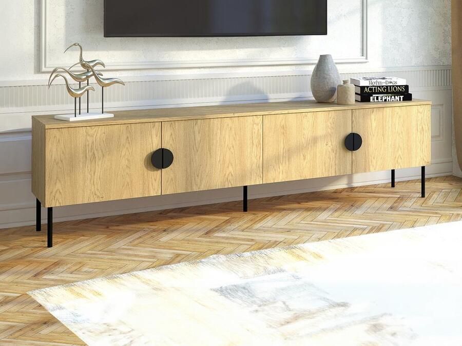 Vente-unique Tv-meubel met 4 deurtjes Naturel en zwart NATANIEL L 200 cm x H 53.6 cm x D 40 cm