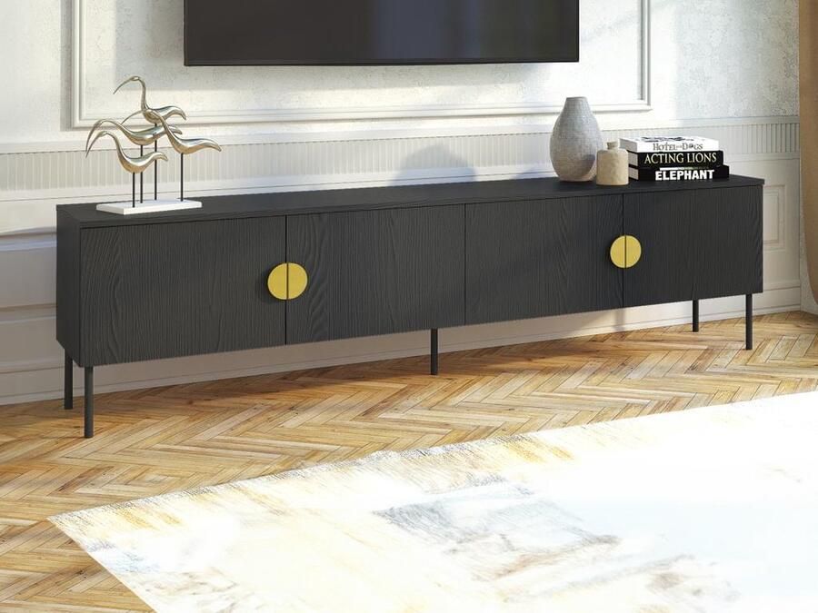 Vente-unique Tv-meubel met 4 deurtjes Zwart en goudkleurig NATANIEL L 200 cm x H 53.6 cm x D 40 cm - Foto 2
