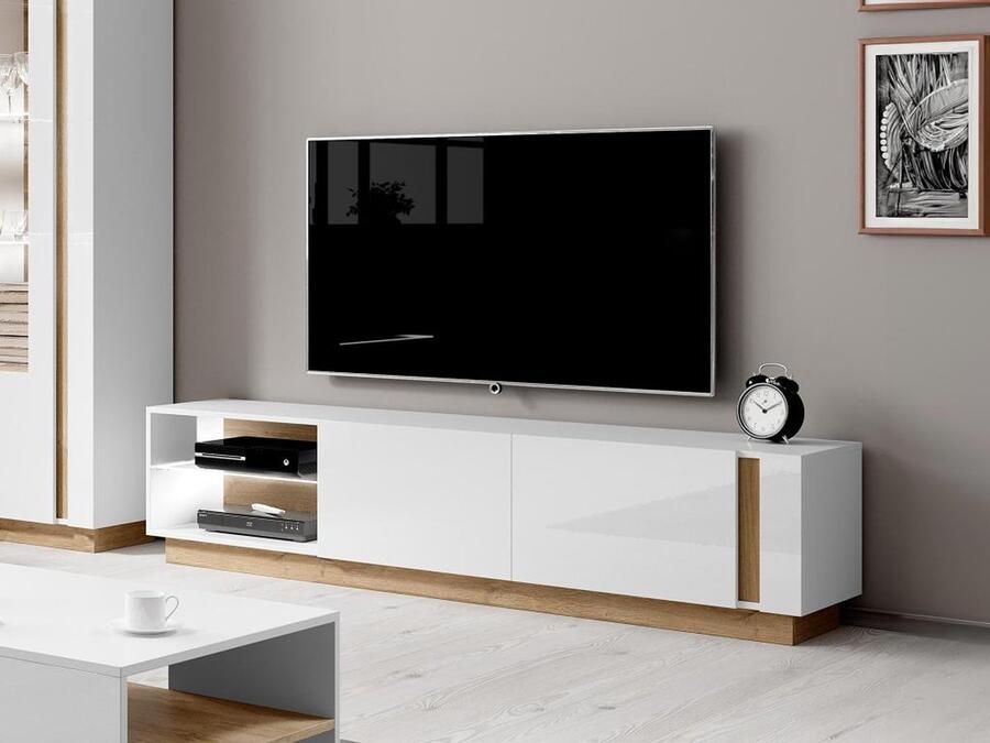 Vente-unique TV-meubel MURARI 2 deuren en 2 nissen met ledverlichting Hoogglans wit en eiken L 187.5 cm x H 45.5 cm x D 40 cm - Foto 2