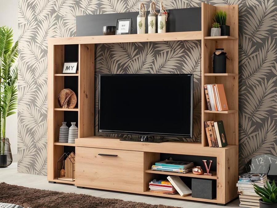 Vente-unique Tv-wand BALTIMORE Met opbergruimte eiken en antraciet L 172.5 cm x H 157.5 cm x D 33 cm - Foto 2