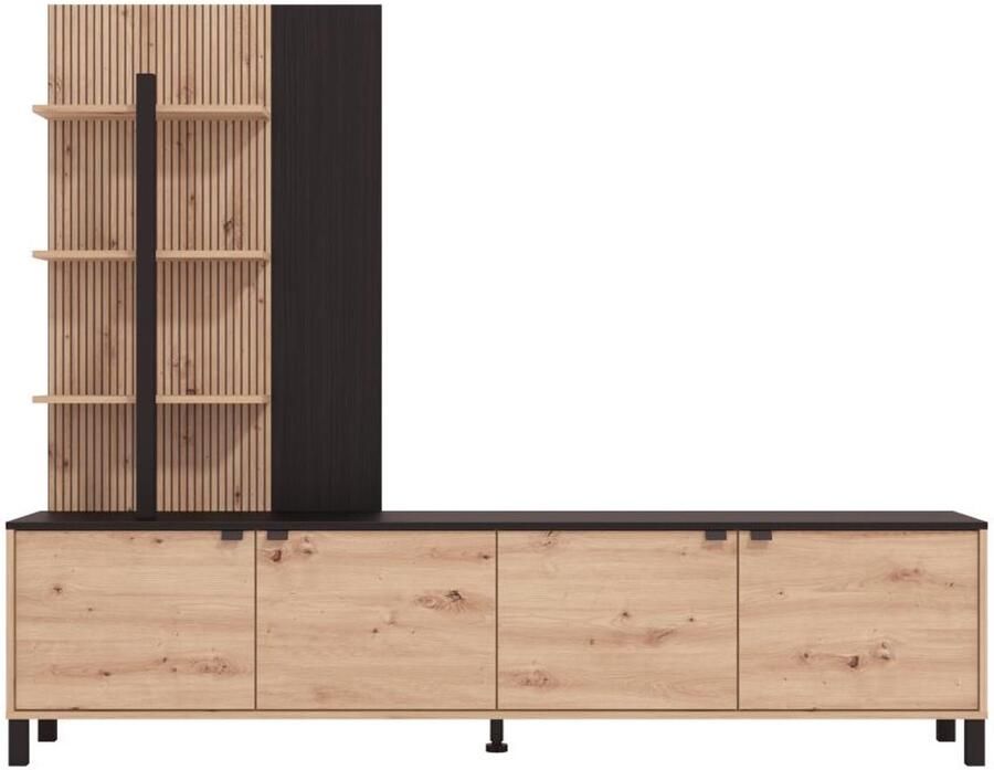 Vente-unique Tv-wand met 4 deurtjes en 3 legplanken Houtlook en zwart NUJA L 208 cm x H 167 cm x D 40 cm