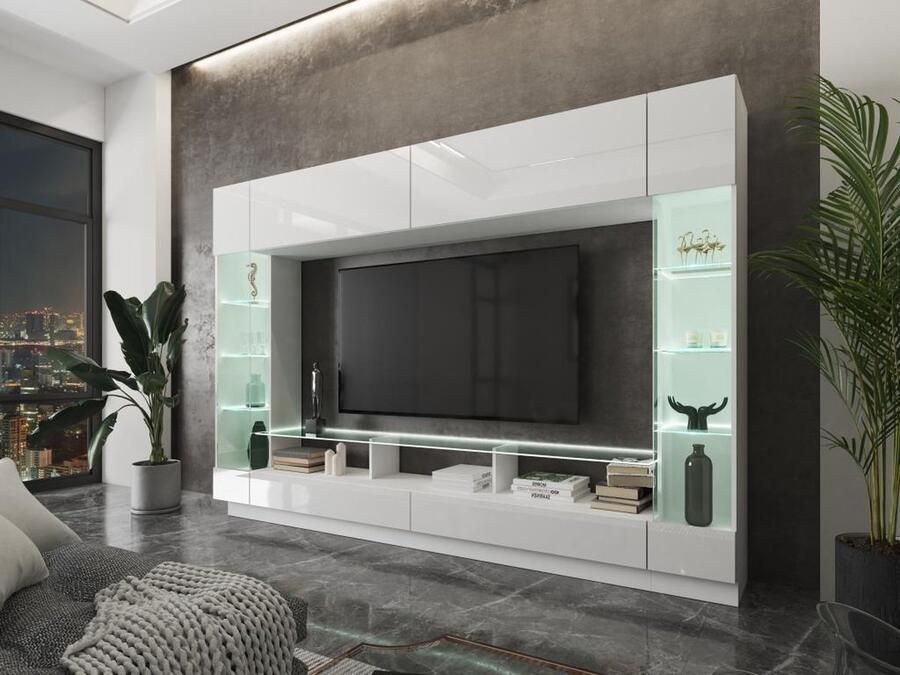 Vente-unique TV-wand met opbergruimte en LED's Gelakt wit BRIANO L 276.2 cm x H 189.4 cm x D 40 cm - Foto 2