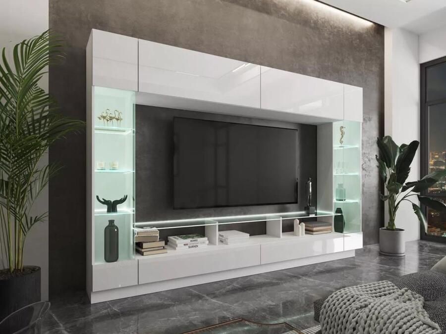 Vente-unique TV-wand met opbergruimte en LED's Gelakt wit BRIANO L 276.2 cm x H 189.4 cm x D 40 cm