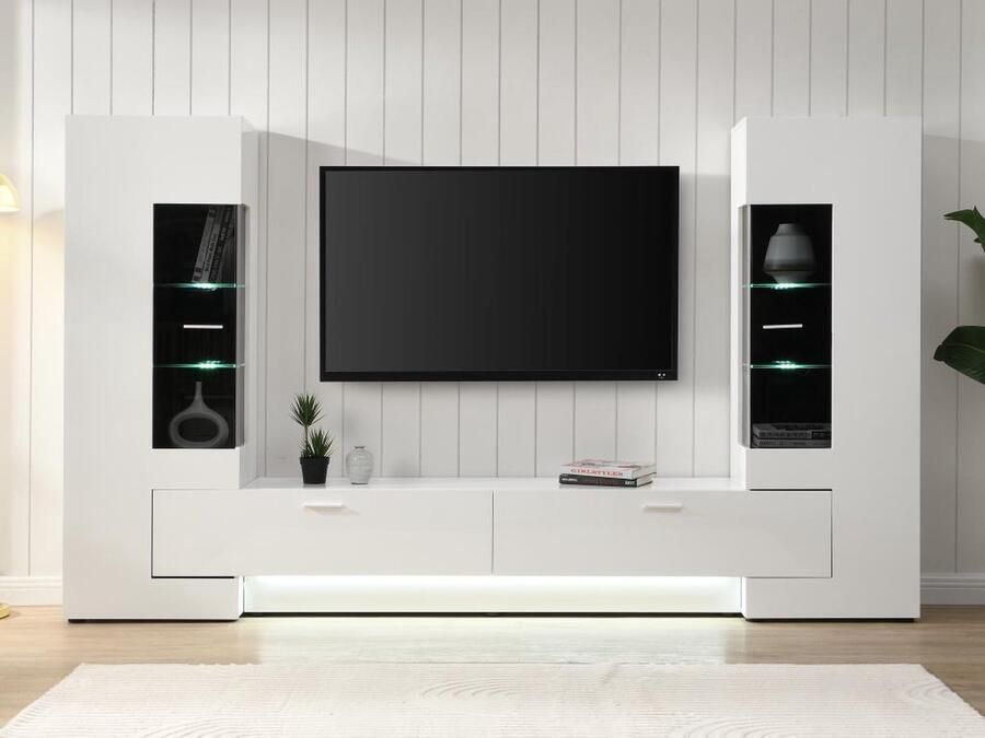 Vente-unique Tv-wand met opbergruimte en ledverlichting in MDF en glas Wit en zwart BANTRY L 270 cm x H 161 cm x D 39 cm