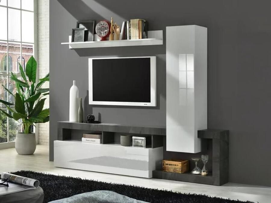 Vente-unique Tv-wand met opbergruimte Wit gelakt en betongrijs SEFRO II L 219 cm x H 200 cm x D 35 cm