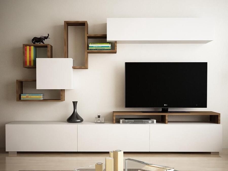 Vente-unique TV wandmeubel met opbergruimte Naturelkeur en wit TALOLI L 210 cm x H 102.7 cm x D 36.8 cm