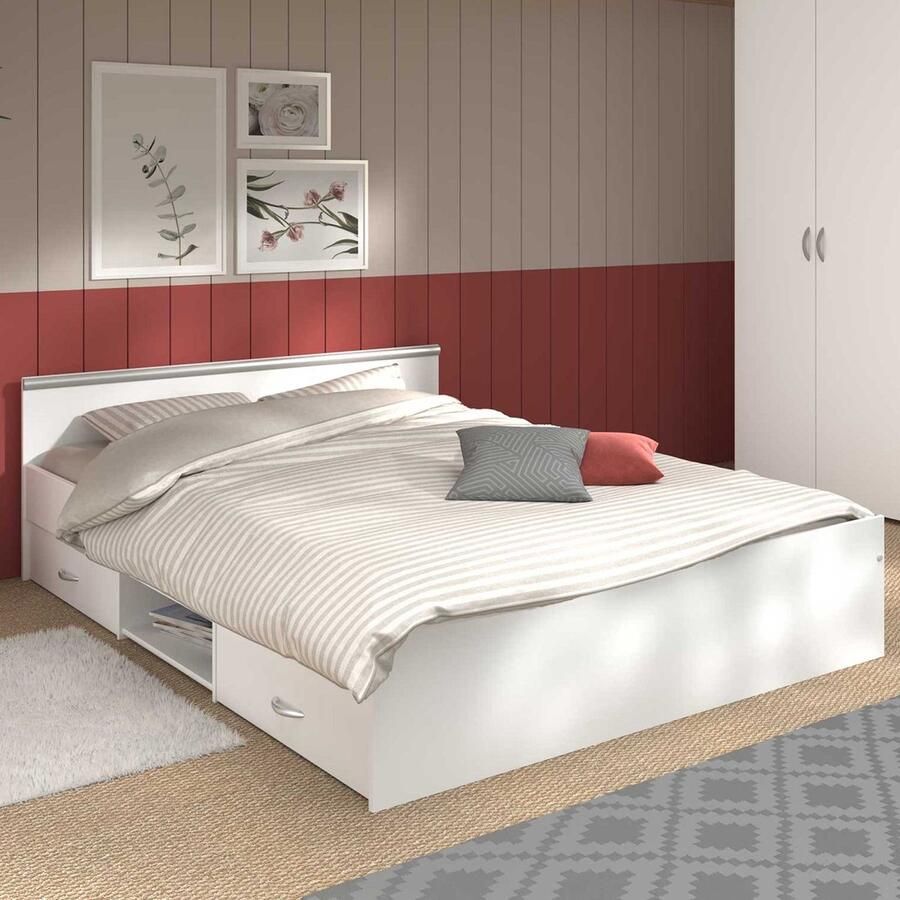 Vente-unique Tweepersoonsbed met opbergruimte 2 laden en een niche 140 x 190 cm wit L 145.8 cm x H 58.9 cm x D 193 cm
