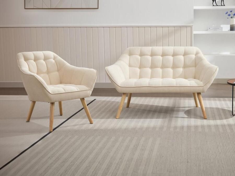 Vente-unique Tweezitsbank en fauteuil van beige stof CASERTA L 127 cm x H 77 cm x D 73 cm - Foto 2