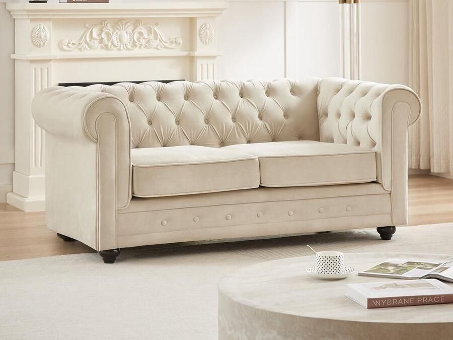Vente-unique Tweezitsbank van beige velours CHESTERFIELD L 168 cm x H 72 cm x D 88 cm - Foto 2