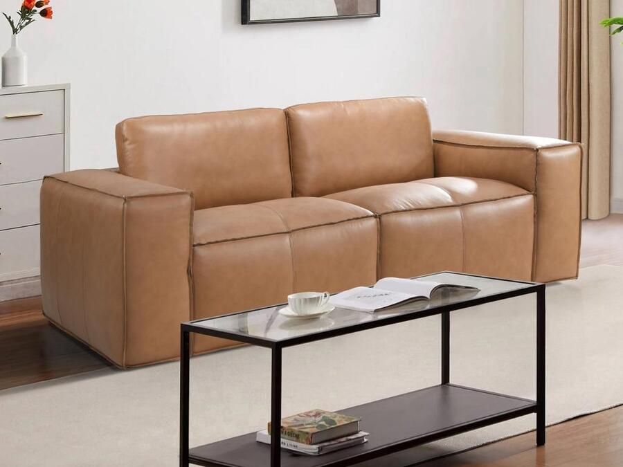 Vente-unique Tweezitsbank van camelkleurig leer BERGONDI L 195 cm x H 76 cm x D 99 cm