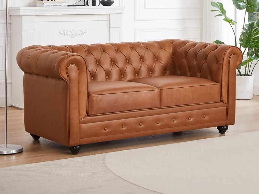 Vente-unique Tweezitsbank van camelkleurig vaarsleer CHESTERFIELD L 165 cm x H 72 cm x D 88 cm - Foto 2