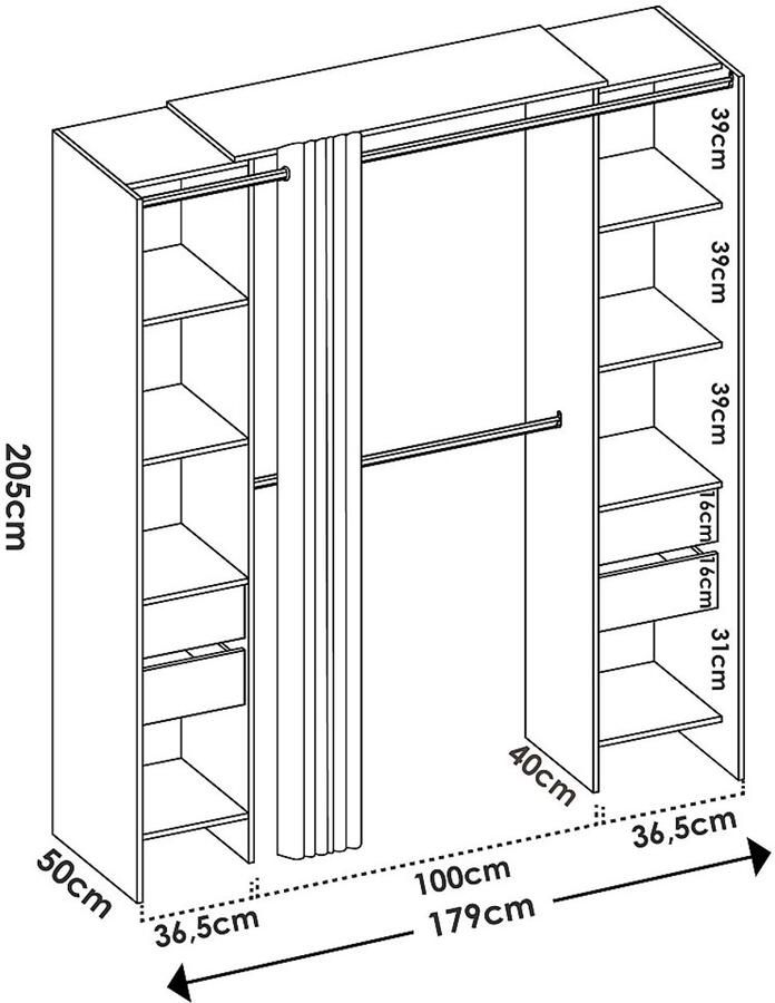 Vente-unique Uitbreidbare open kledingkast met gordijn L110 178 cm Wit LONAZA L 180 cm x H 203 cm x D 50 cm - Foto 2