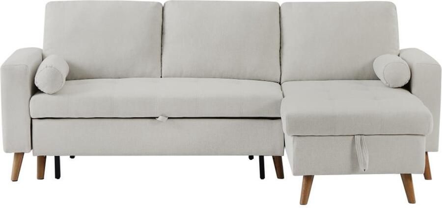 Vente-unique Uitklapbare hoekslaapbank in beige stof met opbergruimte en omkeerbare hoek KORI