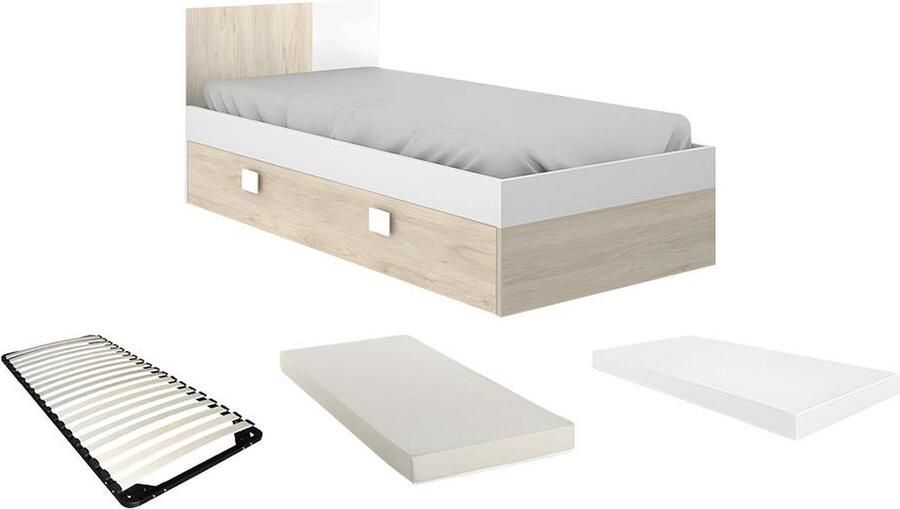 Vente-unique Uitrschuifbed met lattenbodem 2 x 90 x 190 cm Kleuren: eiken en wit + matras SONIA L 196 cm x H 79 cm x D 97 cm - Foto 2