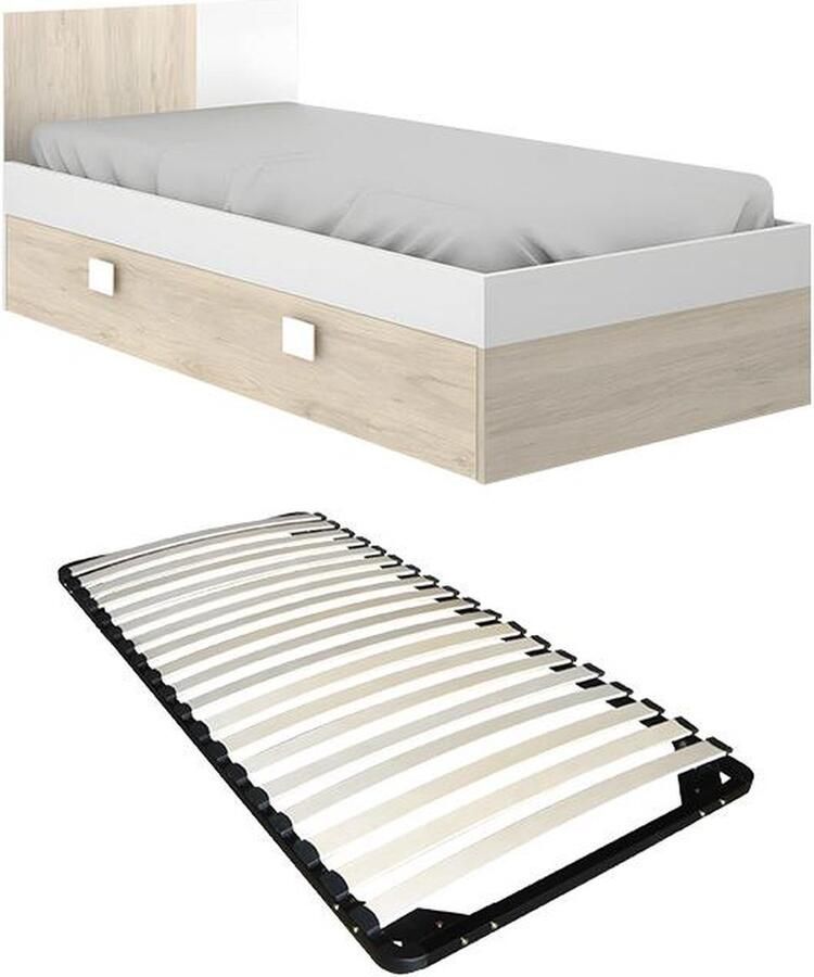 Vente-unique Uitschuifbaar bed 2 x 90 x 190 cm naturel en wit + bedbodem SONIA L 196 cm x H 79 cm x D 97 cm