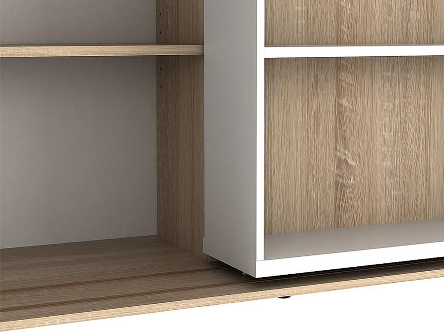 Vente-unique Uitschuifbare boekenkast PRALI 18 nissen Wit en eiken L 116.6 cm x H 185 cm x D 46 cm