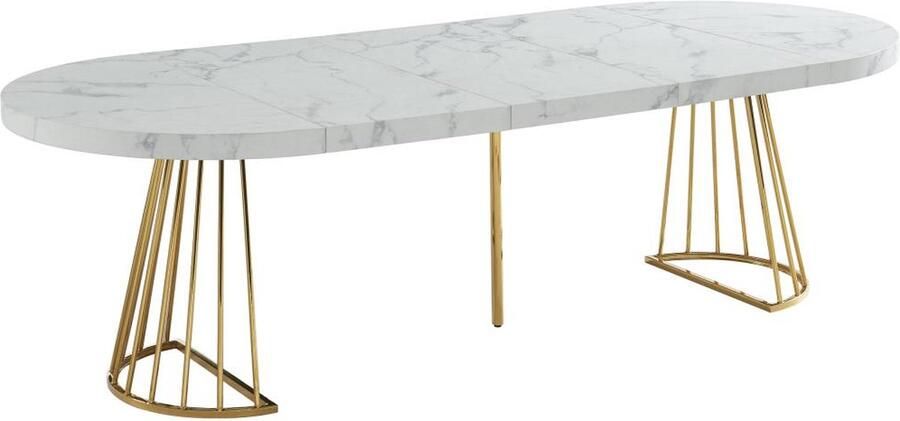 Vente-unique Uitschuifbare eettafel 2 tot 12 plaatsen van mdf en staal Wit marmereffect en goud FIRELA L 260 cm x H 76 cm x D 110 cm - Foto 4