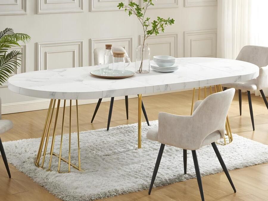 Vente-unique Uitschuifbare eettafel 2 tot 12 plaatsen van mdf en staal Wit marmereffect en goud FIRELA L 260 cm x H 76 cm x D 110 cm - Foto 2