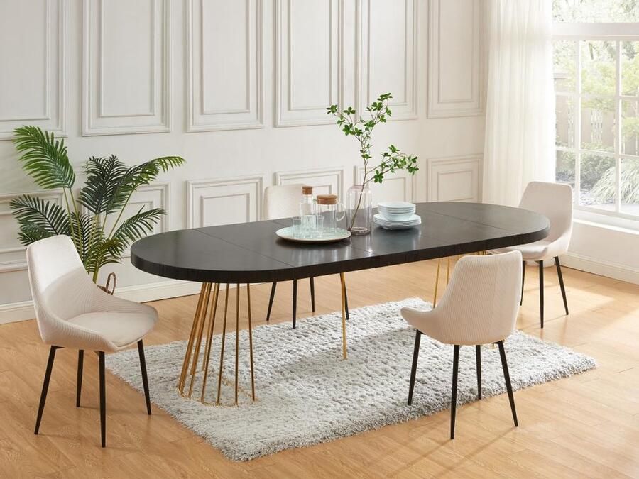 Vente-unique Uitschuifbare eettafel 2 tot 12 plaatsen van mdf en staal Zwart en goud FIRELA L 260 cm x H 76 cm x D 110 cm - Foto 3