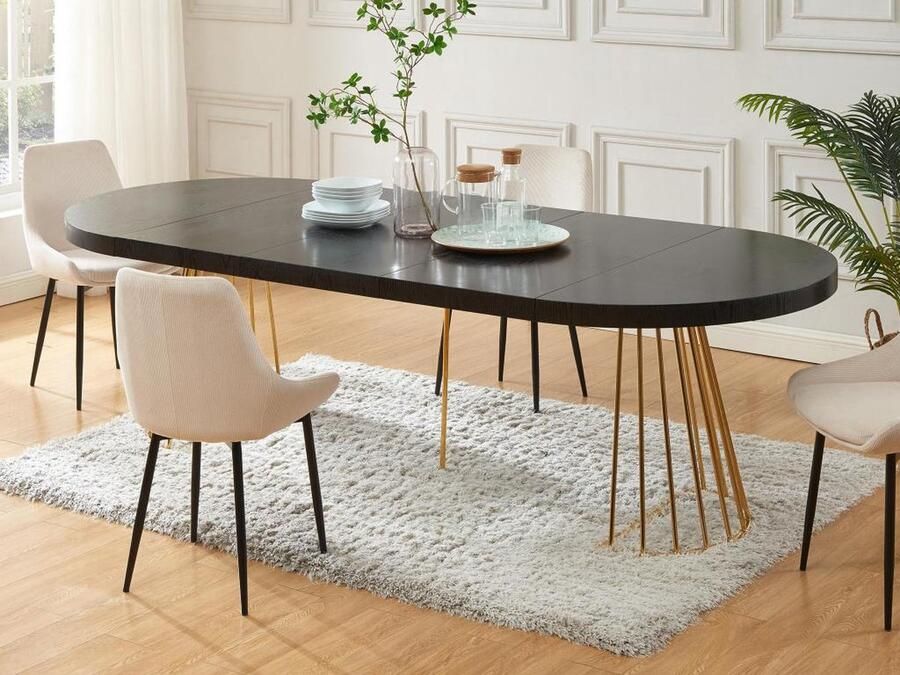 Vente-unique Uitschuifbare eettafel 2 tot 12 plaatsen van mdf en staal Zwart en goud FIRELA L 260 cm x H 76 cm x D 110 cm - Foto 2