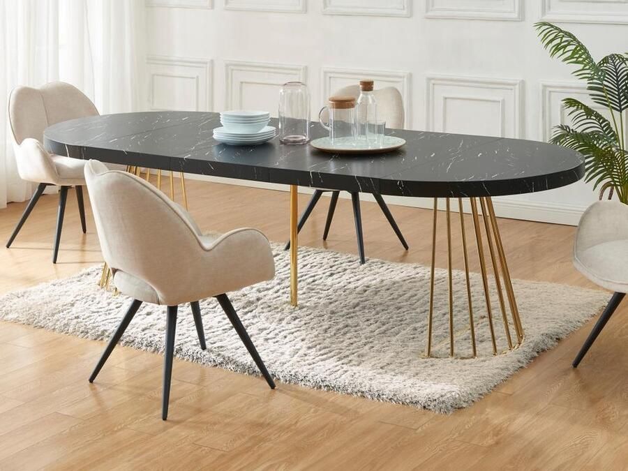 Vente-unique Uitschuifbare eettafel 2 tot 12 plaatsen van mdf en staal Zwart marmereffect en goud FIRELA L 260 cm x H 76 cm x D 110 cm - Foto 2