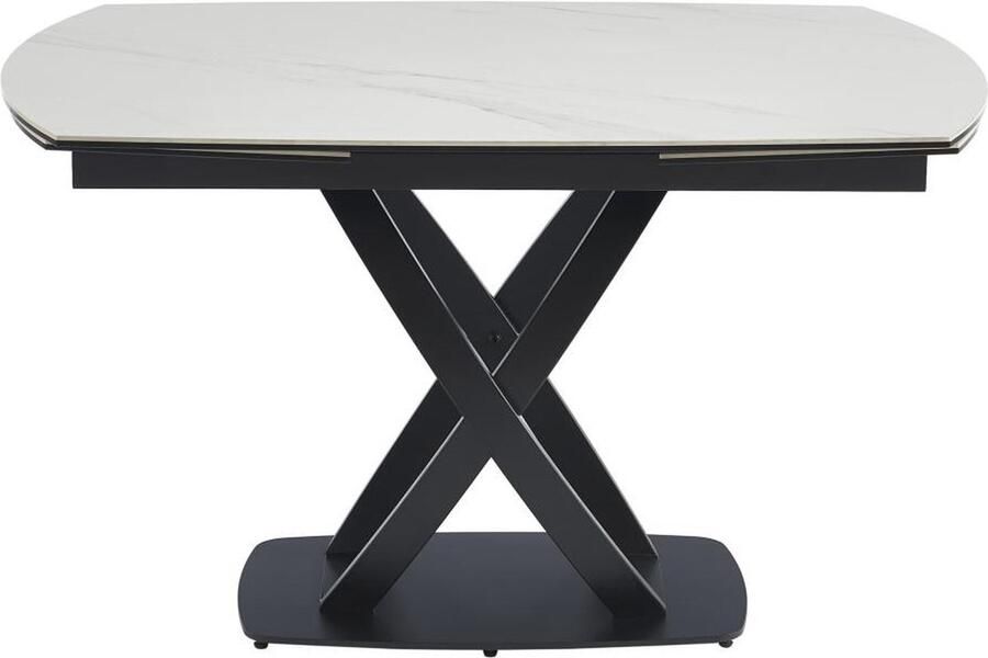Vente-unique Uitschuifbare eettafel voor 4 tot 8 personen in keramiek gehard glas en roestvrij staal Witte marmerlook en zwart LIOMELI van Maison Céphy L 200 cm x H 76 cm x D 90 cm
