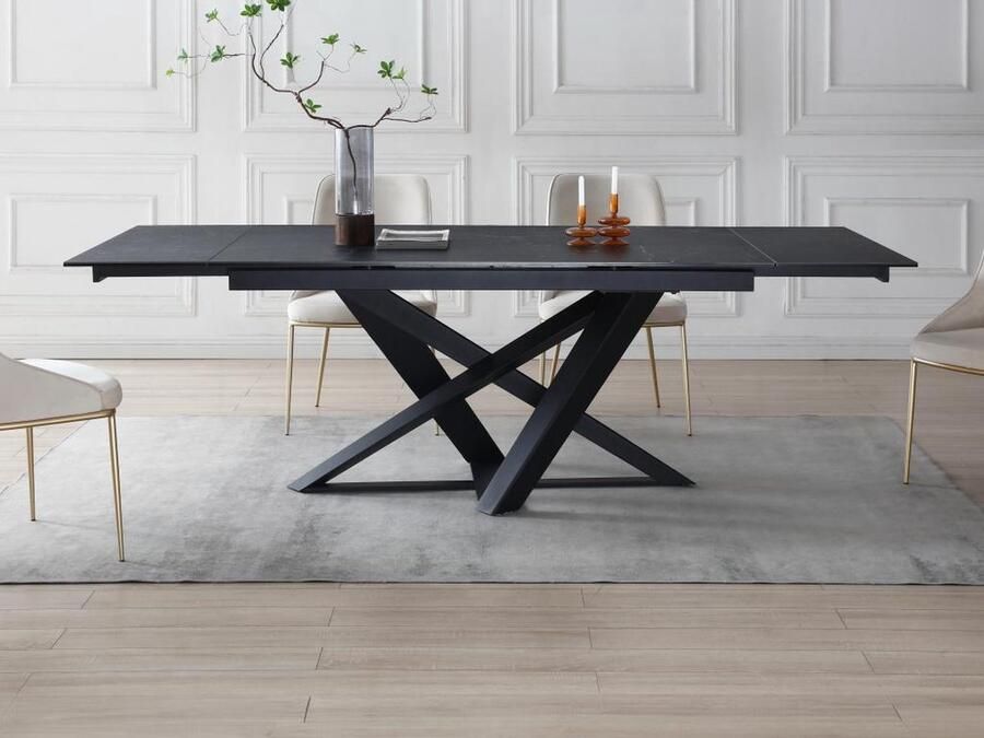 Vente-unique Uitschuifbare eettafel voor 6 tot 10 personen in gehard glas en keramiek Look van zwart marmer MADRIANA L 240 cm x H 76 cm x D 100 cm