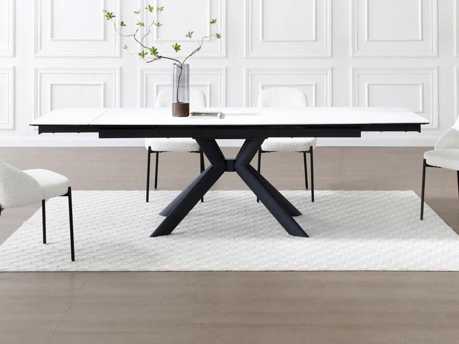 Vente-unique Uitschuifbare eettafel voor 6 tot 10 personen in keramiek gehard glas en metaal Witte marmerlook en zwart LIOMINA van Maison Céphy L 260 cm x H 76 cm x D 90 cm