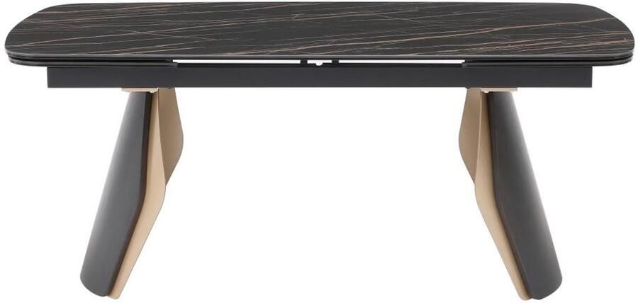 Vente-unique Uitschuifbare eettafel voor 6 tot 10 personen in keramiek gehard glas en metaal Zwarte marmerlook en goudkleurig ZINORIA van Maison Céphy L 260 cm x H 76 cm x D 90 cm - Foto 2