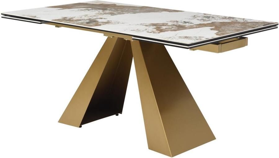 Vente-unique Uitschuifbare eettafel voor 6 tot 10 personen van gehard glas keramiek en goudkleurig metaal Wit en taupegrijs marmereffect LOZIPA van Maison Céphy L 240 cm x H 76 cm x D 90 cm - Foto 2