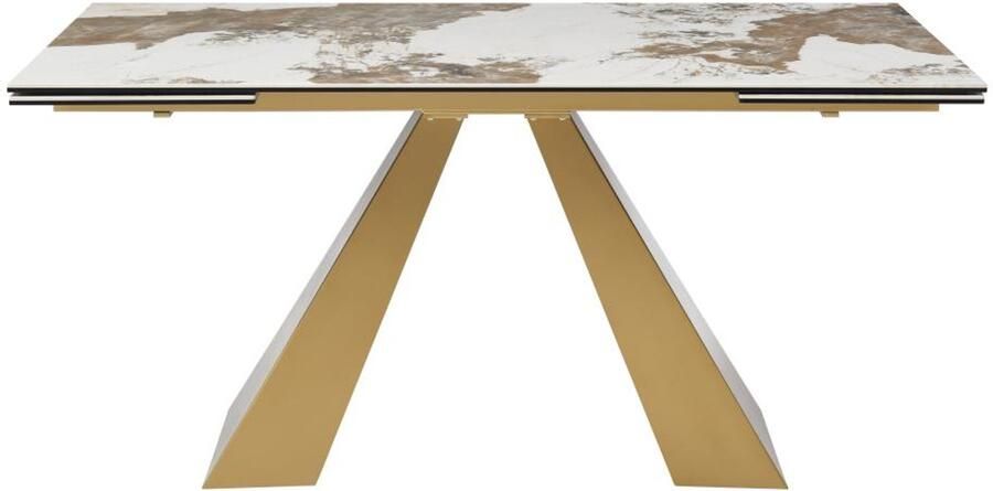 Vente-unique Uitschuifbare eettafel voor 6 tot 10 personen van gehard glas keramiek en goudkleurig metaal Wit en taupegrijs marmereffect LOZIPA van Maison Céphy L 240 cm x H 76 cm x D 90 cm