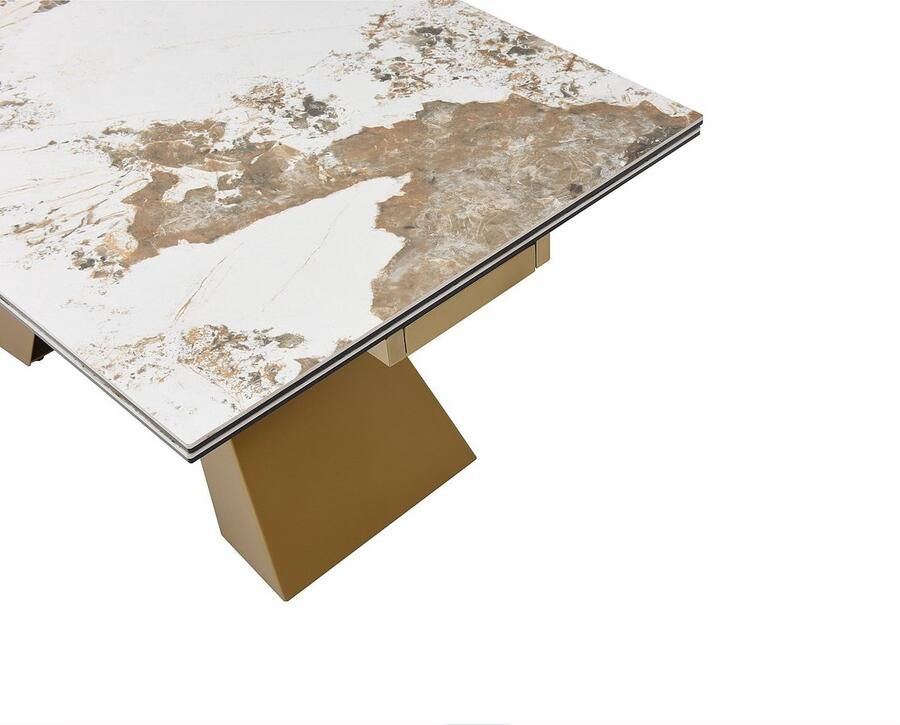 Vente-unique Uitschuifbare eettafel voor 6 tot 10 personen van gehard glas keramiek en goudkleurig metaal Wit en taupegrijs marmereffect LOZIPA van Maison Céphy L 240 cm x H 76 cm x D 90 cm - Foto 2